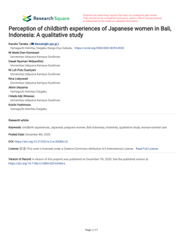 Perception of Childbirth Experiences of Japanese Women in Bali, Indonesia: a Qualitative Study