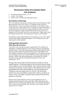 Sacramento Valley Groundwater Basin Yolo Subbasin • Groundwater Basin Number: 5-21.67 • County: Yolo, Solano • Surface Area: 256,000 Acres (400 Square Miles)