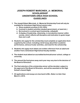 JOSEPH ROBERT MARCINEK, Jr. MEMORIAL SCHOLARSHIP UNIONTOWN AREA HIGH SCHOOL GUIDELINES