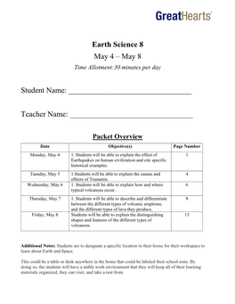 Earth Science 8 May 4 – May 8 Time Allotment:30 Minutes Per Day