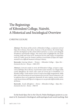 The Beginnings of Kibondeni College, Nairobi. a Historical and Sociological Overview Things, the Family and Hospitality Work7