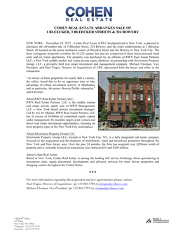 Cohen Real Estate Arranges Sale of 1 Bleecker, 3 Bleecker Streets & 324 Bowery