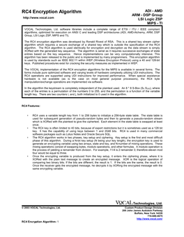 RC4 Encryption Algorithm ADI - AMD ARM - DSP Group LSI Logic ZSP MIPS - TI