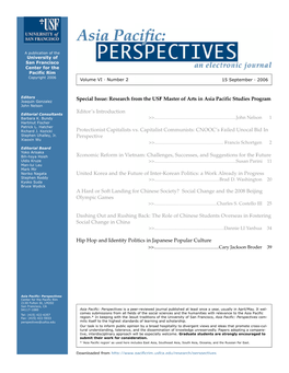 Special Issue: Research from the USF Master of Arts in Asia Pacific Studies Program Editor's Introduction Protectionist Capita