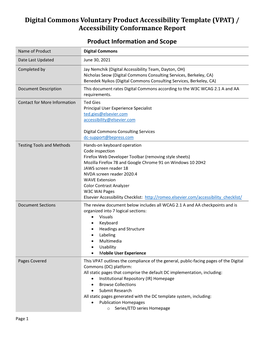 Digital Commons Voluntary Product Accessibility Template (VPAT) / Accessibility Conformance Report Product Information and Scope