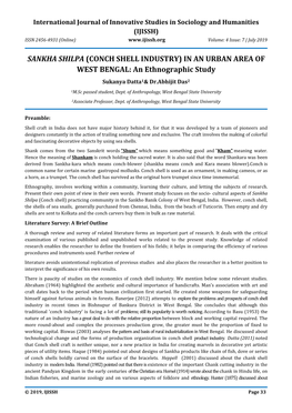 SANKHA SHILPA (CONCH SHELL INDUSTRY) in an URBAN AREA of WEST BENGAL: an Ethnographic Study Sukanya Datta1& Dr.Abhijit Das2