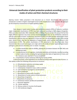 Universal Classification of Plant Protection Products According to Their Modes of Action and Their Chemical Structures