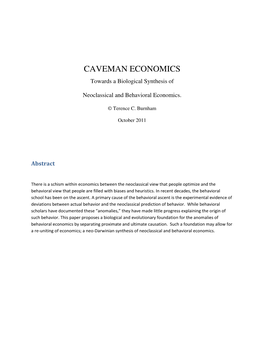 CAVEMAN ECONOMICS Towards a Biological Synthesis Of