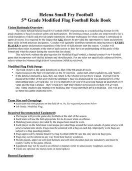 Helena Small Fry Football 5Th Grade Modified Flag Football Rule Book