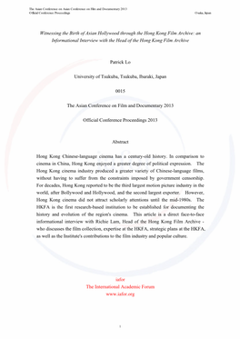 Witnessing the Birth of Asian Hollywood Through the Hong Kong Film Archive: an Informational Interview with the Head of the Hong Kong Film Archive