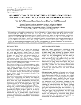 Quantification of the Heavy Metals in the Agricultural Soils of Mardan District, Khyber Pakhtunkhwa, Pakistan