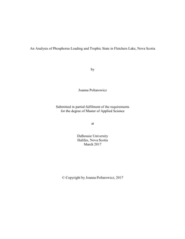 An Analysis of Phosphorus Loading and Trophic State in Fletchers Lake, Nova Scotia