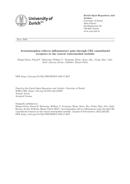 Acetaminophen Relieves Inflammatory Pain Through CB1 Cannabinoid Receptors in the Rostral Ventromedial Medulla