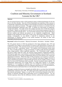 Coalition and Minority Government in Scotland: Lessons for the UK?