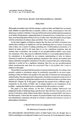 Australasian Journal of Philosophy the Behavioural Conception of Belief