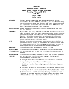 MINUTES Approved by the Committee Public School Funding Formula Committee Thursday, February 15, 2018 1:00 P.M