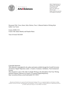 Voice, Genre, Style, Diction, Tone: a Musical Guide to Writing Style Author: Lee Tyson