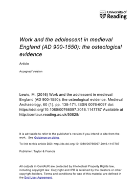 Work and the Adolescent in Medieval England (AD 900-1550): the Osteological Evidence