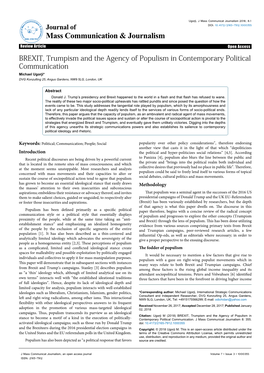 BREXIT, Trumpism and the Agency of Populism in Contemporary Political Communication Michael Ugorji* DVG Konzulting 25, Angus Gardens, NW9 5LG, London, UK
