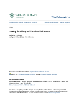 Anxiety Sensitivity and Relationship Patterns