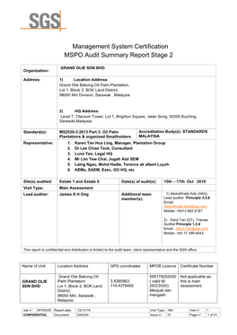 Management System Certification MSPO Audit Summary Report Stage 2