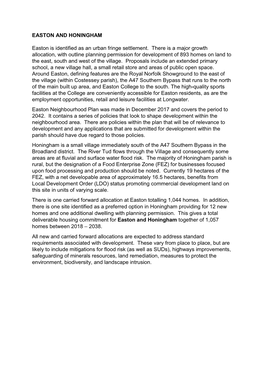 EASTON and HONINGHAM Easton Is Identified As an Urban Fringe Settlement. There Is a Major Growth Allocation, with Outline Plann