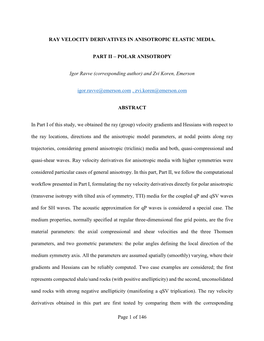 Of 146 RAY VELOCITY DERIVATIVES in ANISOTROPIC ELASTIC MEDIA