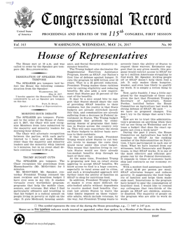 Congressional Record United States Th of America PROCEEDINGS and DEBATES of the 115 CONGRESS, FIRST SESSION