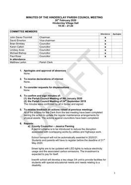 MINUTES of the HINDERCLAY PARISH COUNCIL MEETING 26Th February 2020 Hinderclay Village Hall 19:30 – 21:20