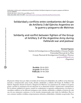 Solidaridad Y Conflicto Entre Combatientes Del Grupo De Artillería 3 Del Ejército Argentino En La Guerra Y Posguerra De Malvinas Germán SOPRANO Avances Del Cesor, V