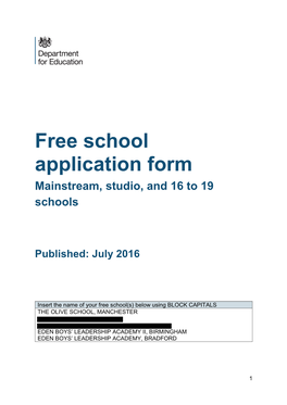 Free School Application Form Mainstream, Studio, and 16 to 19 Schools