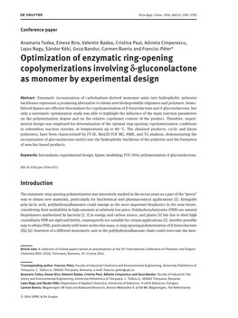 Optimization of Enzymatic Ring-Opening Copolymerizations Involving Δ-Gluconolactone As Monomer by Experimental Design