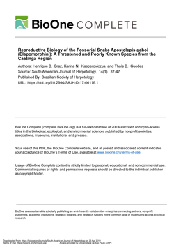 Reproductive Biology of the Fossorial Snake Apostolepis Gaboi (Elapomorphini): a Threatened and Poorly Known Species from the Caatinga Region