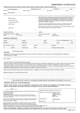 TEMPORARY COVER NOTE Southern Rock Insurance Company Limited / Alwyn Insurance Company Limited / Pinnacle Insurance Plc