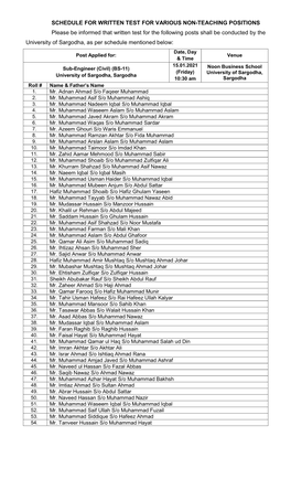 Schedule for Written Test for Various Non-Teaching Positions