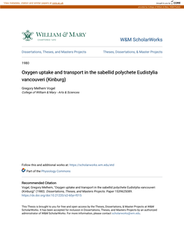 Oxygen Uptake and Transport in the Sabellid Polychete Eudistylia Vancouveri (Kinburg)