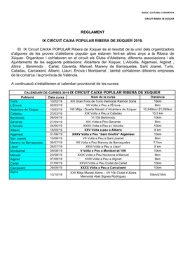 REGLAMENT IX CIRCUIT CAIXA POPULAR RIBERA DE XÚQUER 2019. El IX Circuit CAIXA POPULAR Ribera De Xúquer És El Resultat De La