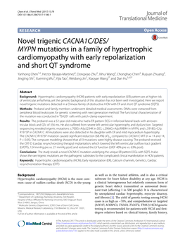 Novel Trigenic CACNA1C/DES/MYPN Mutations in a Family of Hypertrophic Cardiomyopathy with Early Repolarization and Short QT Synd