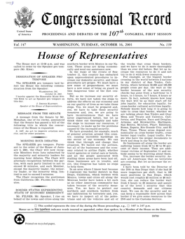 Congressional Record United States Th of America PROCEEDINGS and DEBATES of the 107 CONGRESS, FIRST SESSION