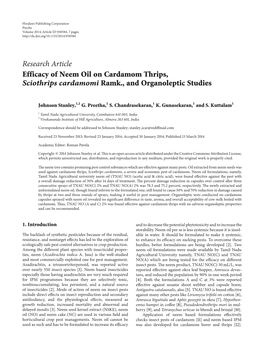 Efficacy of Neem Oil on Cardamom Thrips, Sciothrips Cardamomi Ramk., and Organoleptic Studies