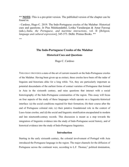 The Indo-Portuguese Creoles of the Malabar: Historical Cues and Questions