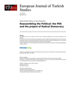 Reassembling the Political: the PKK and the Project of Radical Democracy