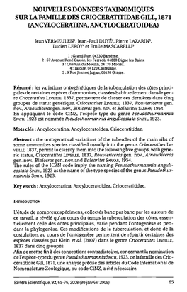 Nouvelles Donnees Taxinomiques Sur La Famille Des Crioceratïtidae Gill, 1871 (Ancyloceratina, Ancyloceratoidea)