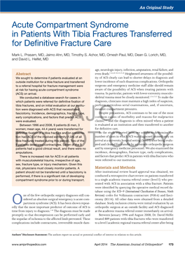 Acute Compartment Syndrome in Patients with Tibia Fractures Transferred for Definitive Fracture Care