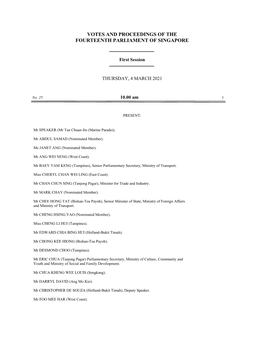 Votes and Proceedings of the Fourteenth Parliament of Singapore