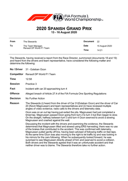 2020 SPANISH GRAND PRIX 13 - 16 August 2020