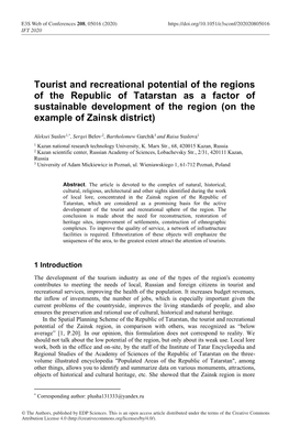 Tourist and Recreational Potential of the Regions of the Republic Of