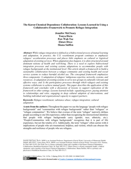 The Karen Chemical Dependency Collaboration: Lessons Learned in Using a Collaborative Framework to Promote Refugee Integration