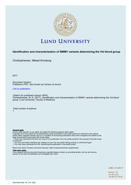 Identification and Characterisation of SMIM1 Variants Determining the Vel Blood Group