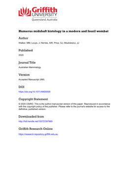 Walker Et Al., R1 1 Humerus Midshaft Histology in a Modern and Fossil Wombat Meg M. Walker1, Julien Louys2, Andy I. R. Herries3